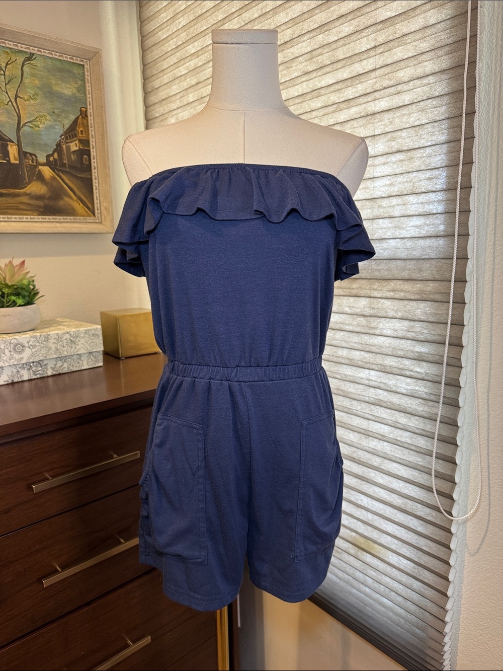 Woman's Leani Off Shoulder Strapless Navy Ruffle Romper. Size Small